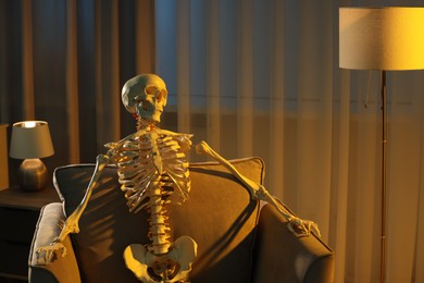 Photo of Waiting concept. Human skeleton sitting in armchair at home, space for text