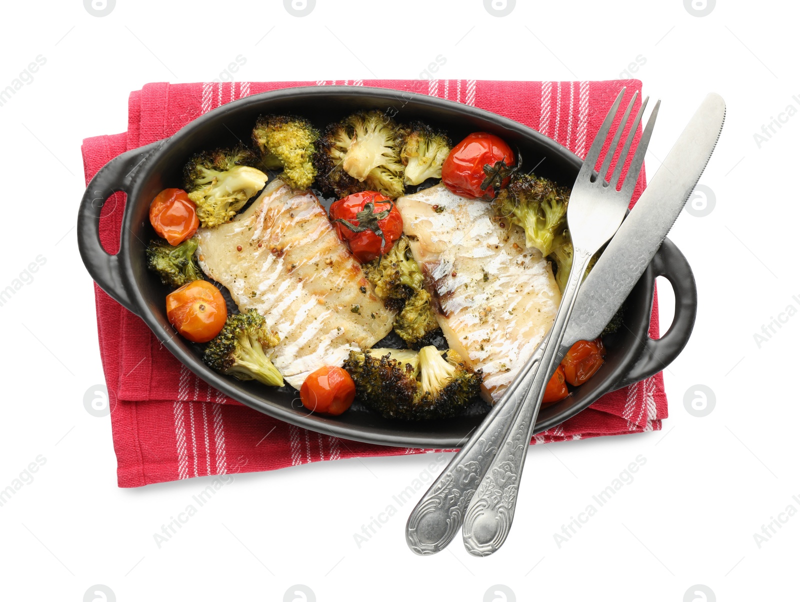 Photo of Tasty cod cooked with vegetables and cutlery isolated on white, top view