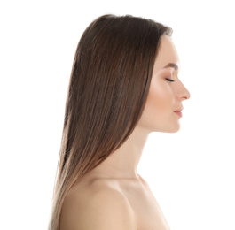 Young woman with beautiful face on white background