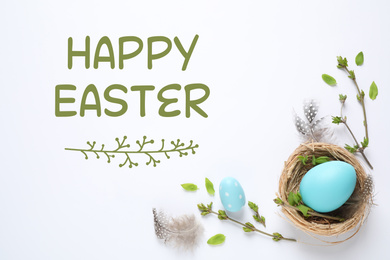 Image of Flat lay composition with text Happy Easter and eggs on white background