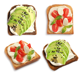 Image of Set of toasted bread with different toppings on white background