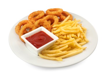 Photo of Tasty fried onion rings and french fries with ketchup on white background
