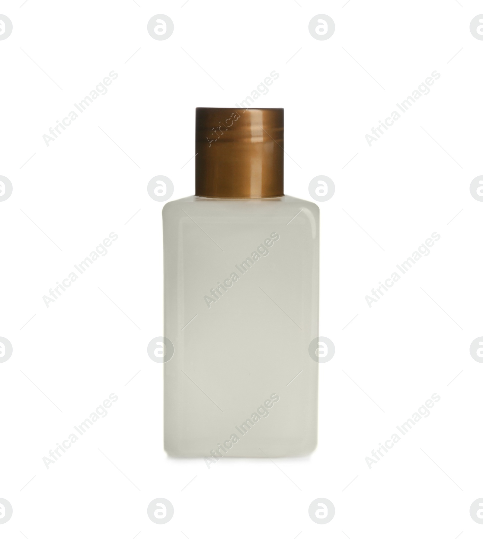 Photo of Mini bottle with cosmetic product on white background. Hotel amenity