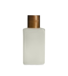 Mini bottle with cosmetic product on white background. Hotel amenity