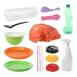 Image of Set with different plastic items on white background