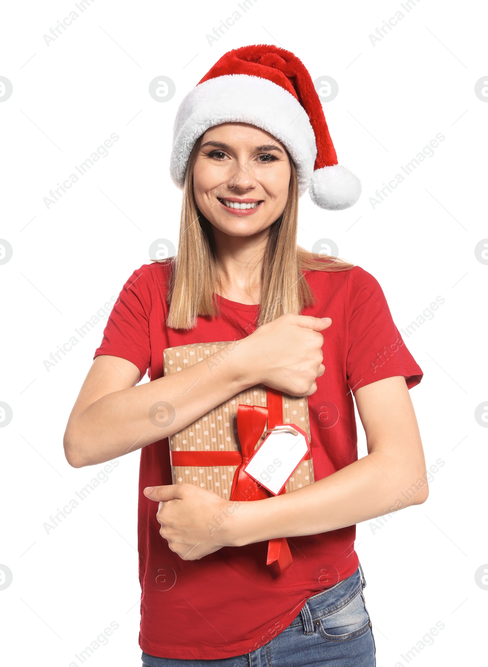 Photo of Young woman with Christmas gift on white background