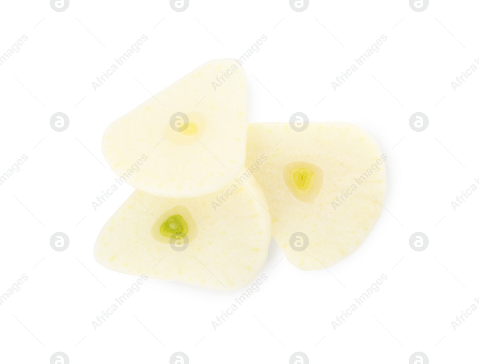 Photo of Pieces of fresh garlic isolated on white, top view