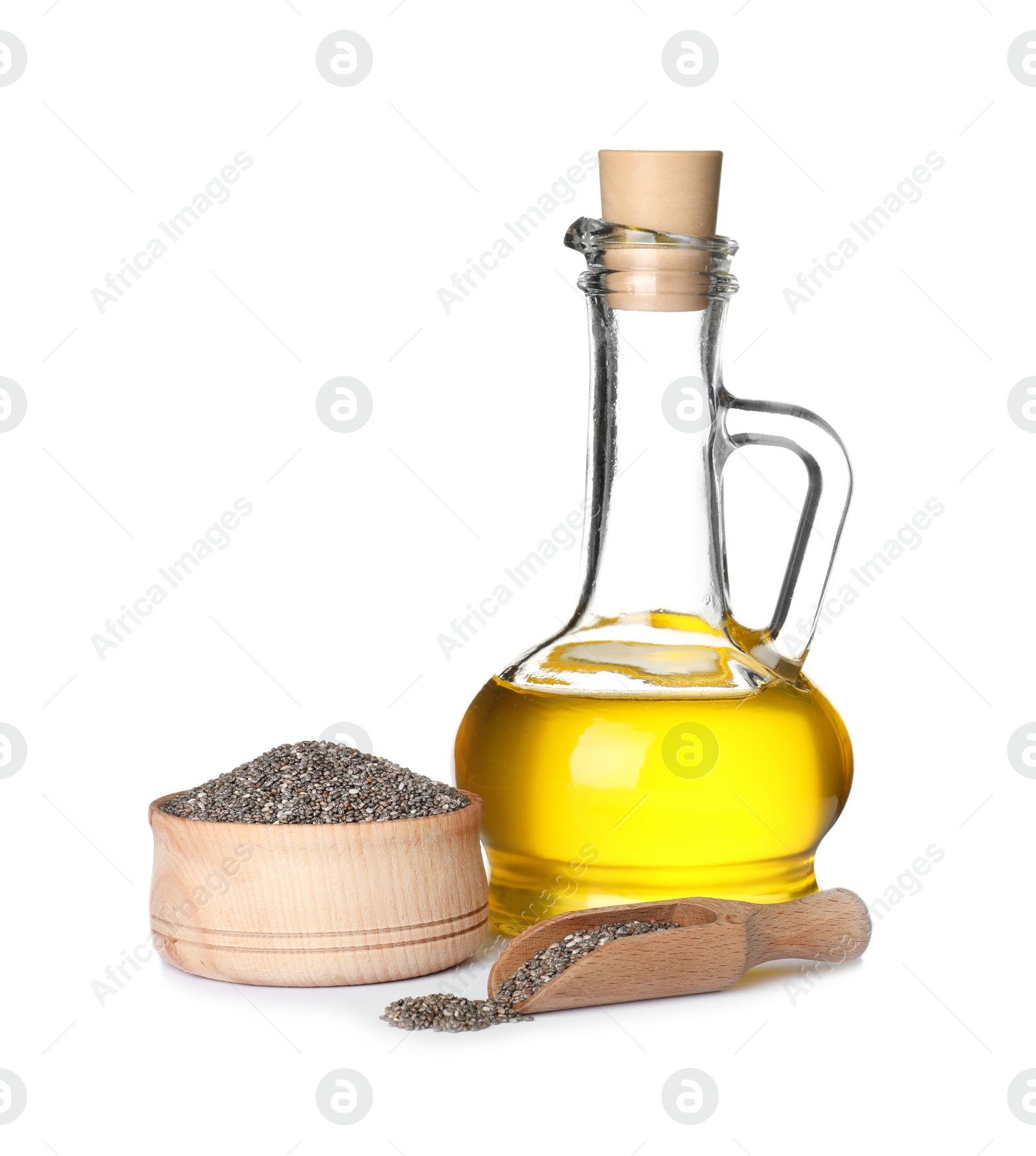 Photo of Composition with jug of chia oil and seeds on white background