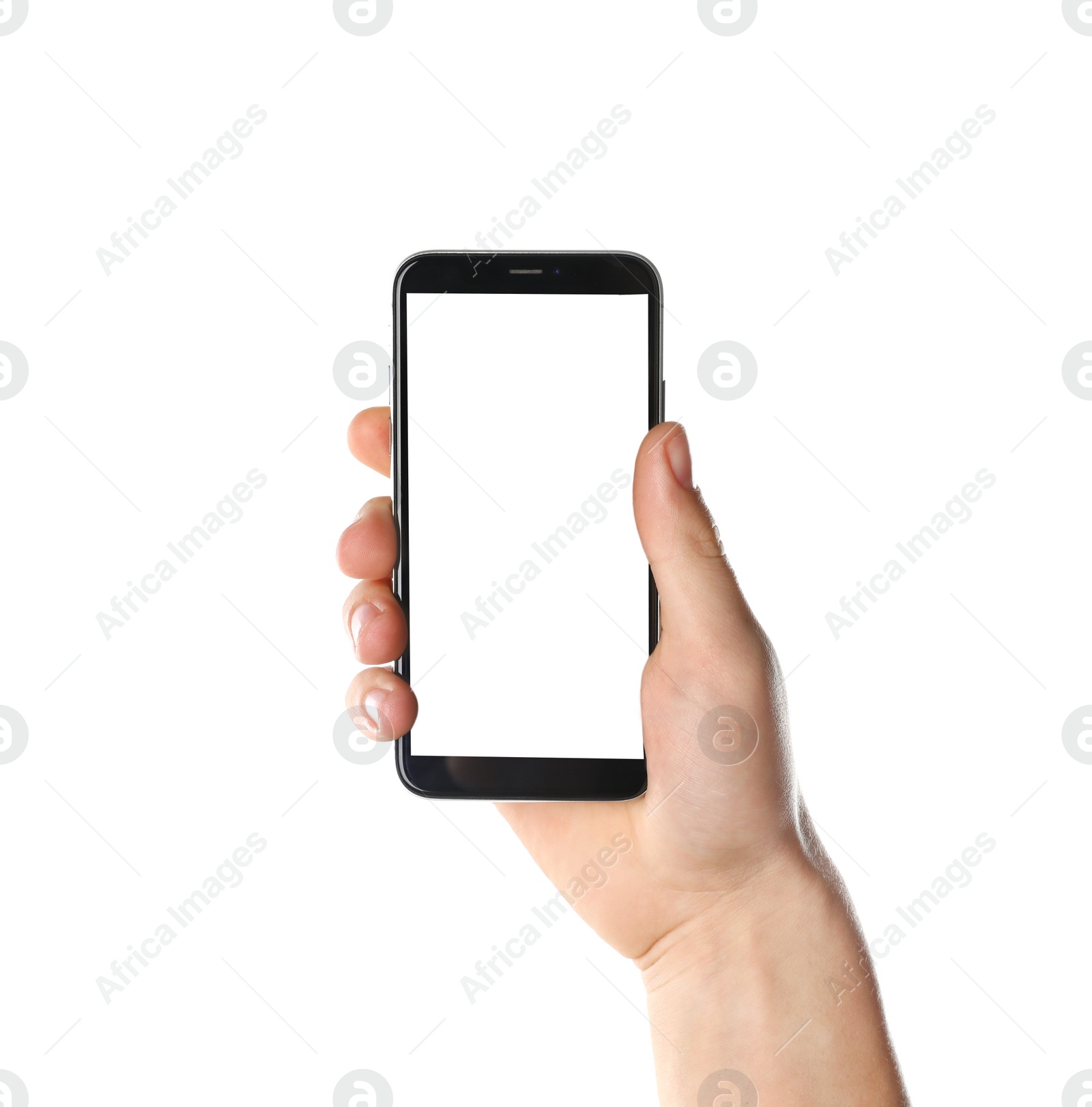 Photo of Man holding smartphone with blank screen on white background, closeup of hand. Space for text