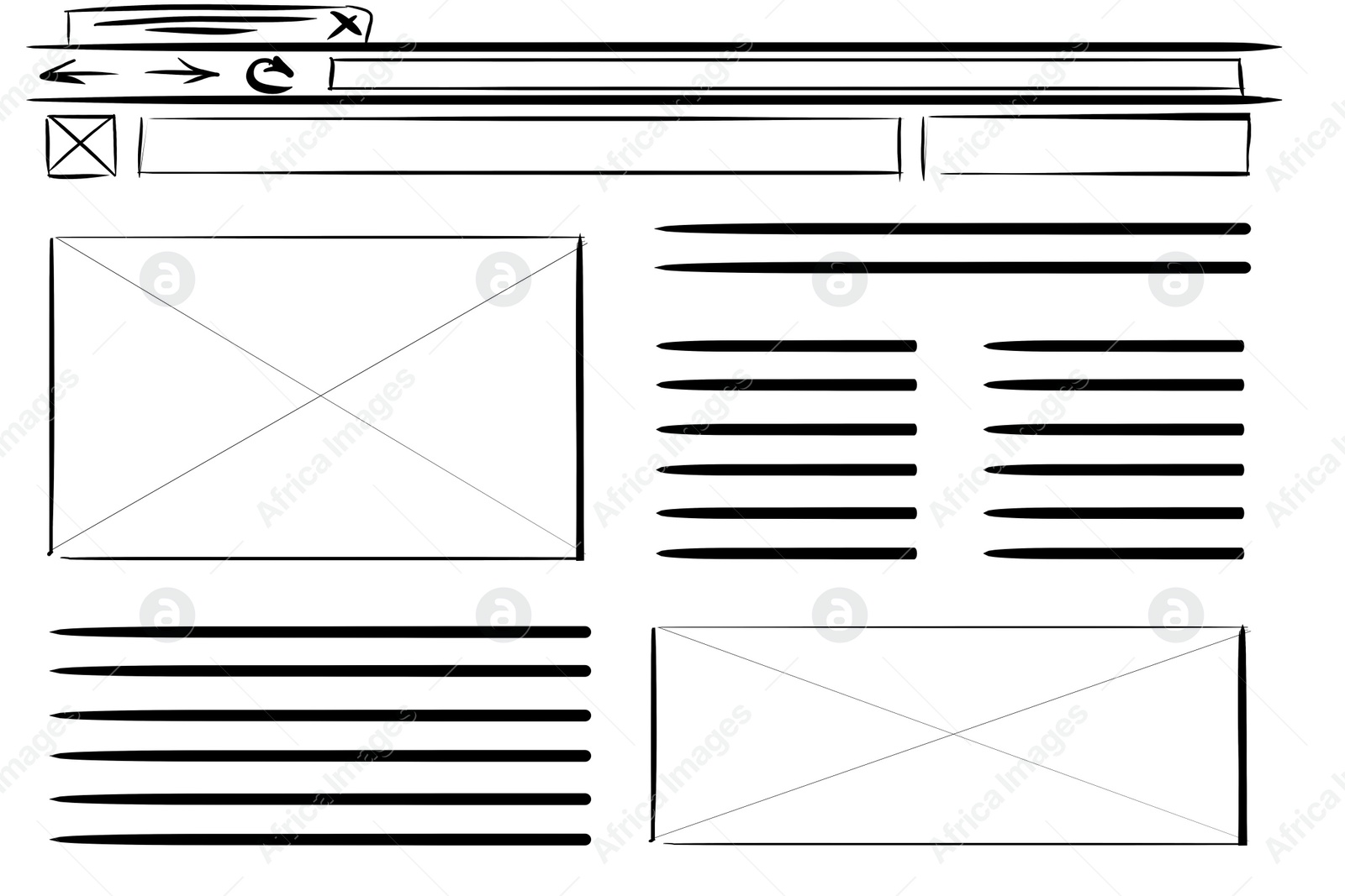 Image of Website design template, interface development. Wireframe with different elements on white background