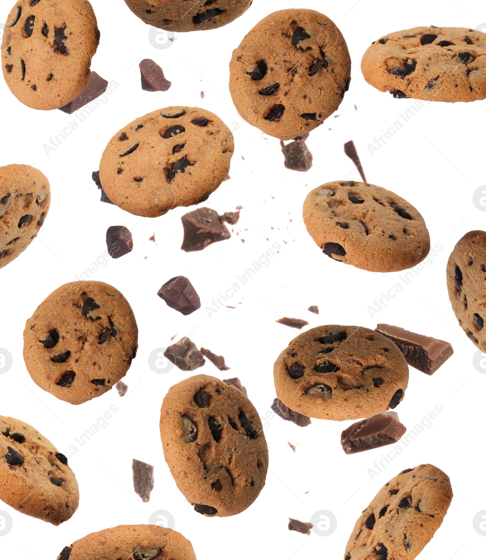 Image of Delicious chocolate chip cookies and pieces of chocolate falling on white background