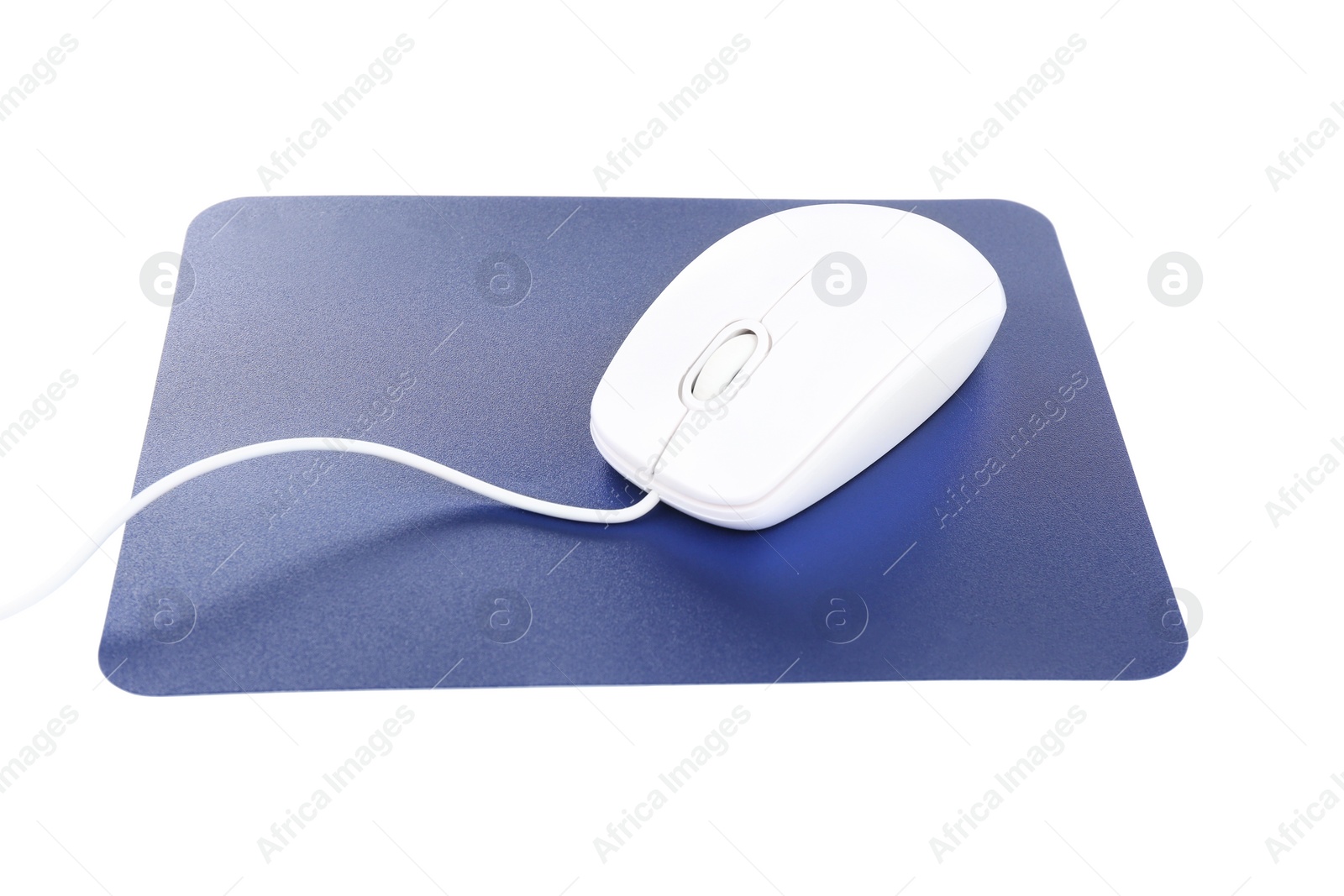 Photo of Modern wired optical mouse and blue pad isolated on white