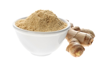 Photo of Dry ginger powder in bowl and fresh root isolated on white