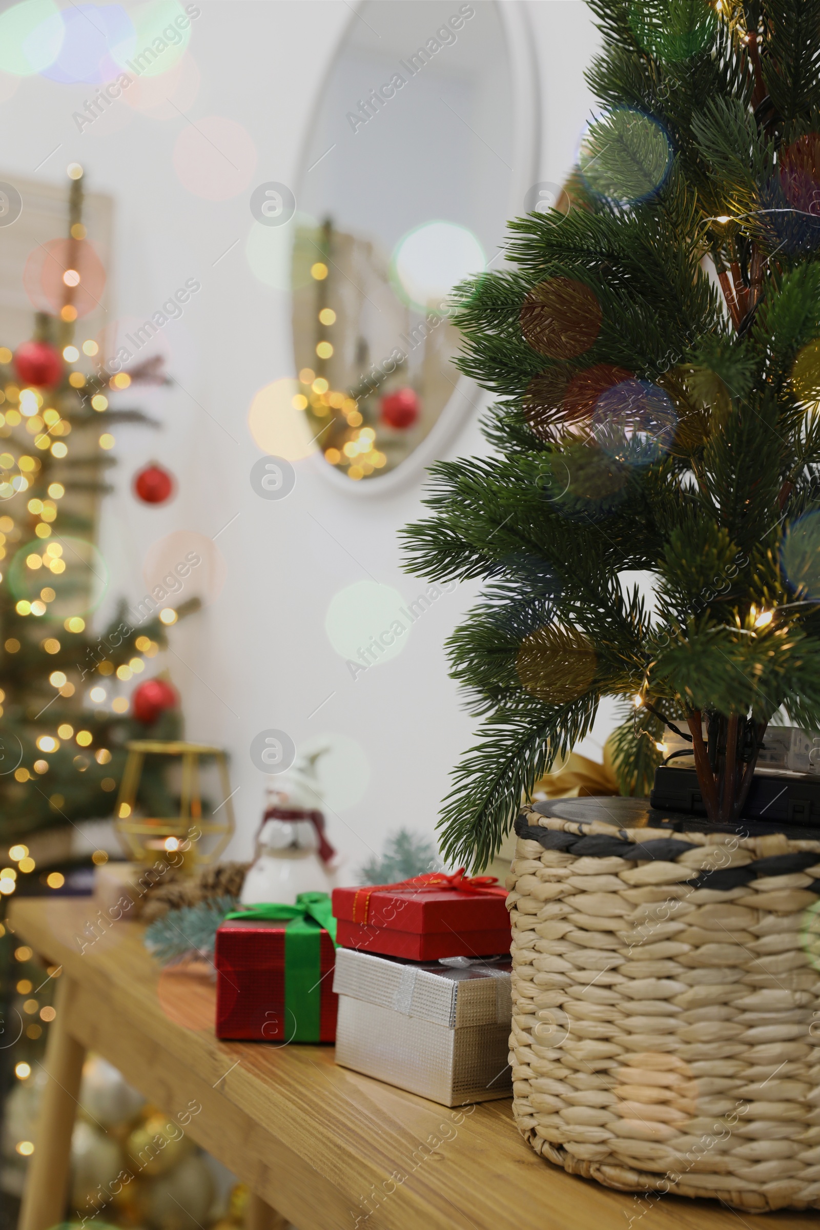 Photo of Potted fir tree and gift boxes on wooden table indoors. Christmas decoration