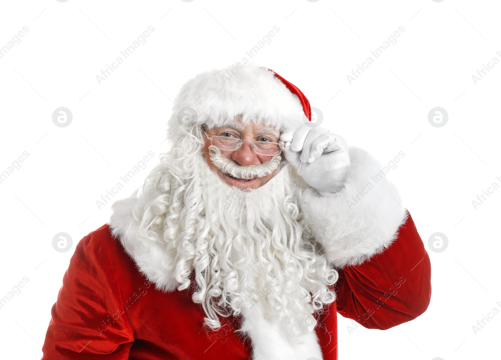 Photo of Portrait of authentic Santa Claus on white background