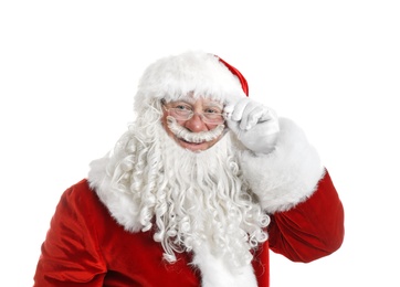 Photo of Portrait of authentic Santa Claus on white background