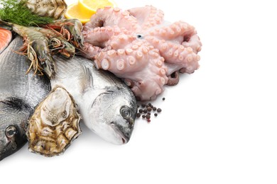 Photo of Fresh dorado fish, octopus, oyster and shrimps on white background