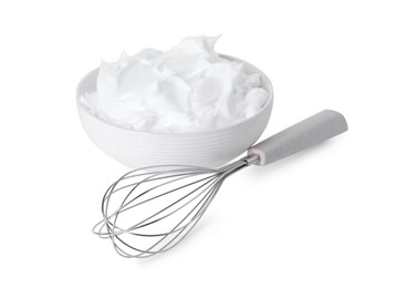 Photo of Bowl with whipped cream and whisk isolated on white