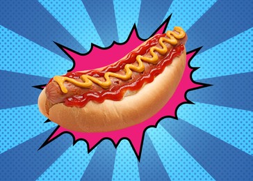 Image of Yummy hot dog with ketchup and mustard on bright comic background