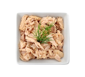 Photo of Bowl with canned tuna on white background, top view