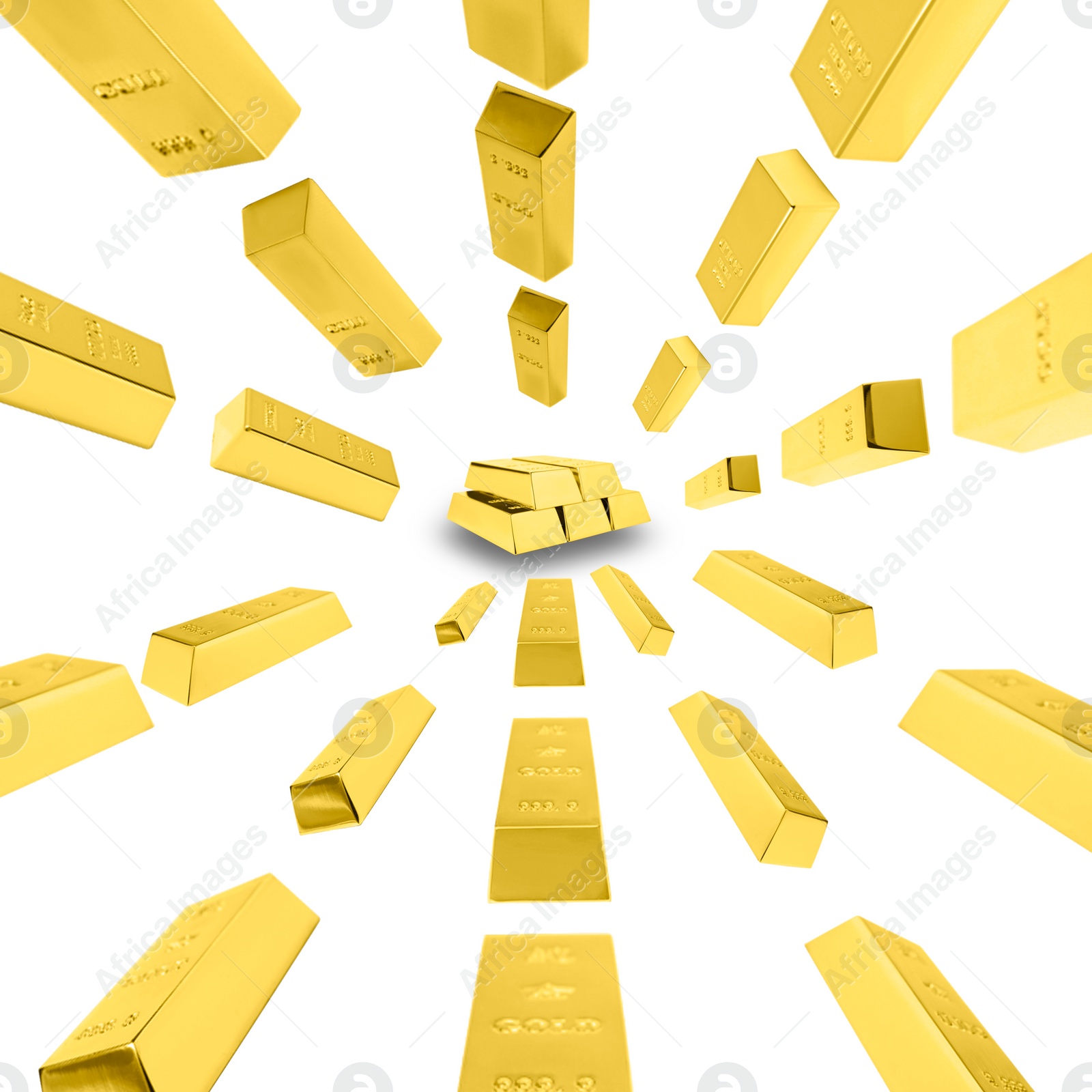 Image of Collage with many gold bars on white background