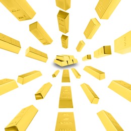 Image of Collage with many gold bars on white background