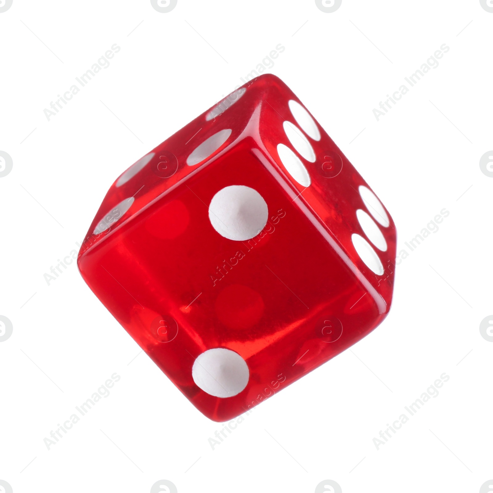 Photo of One red game dice isolated on white