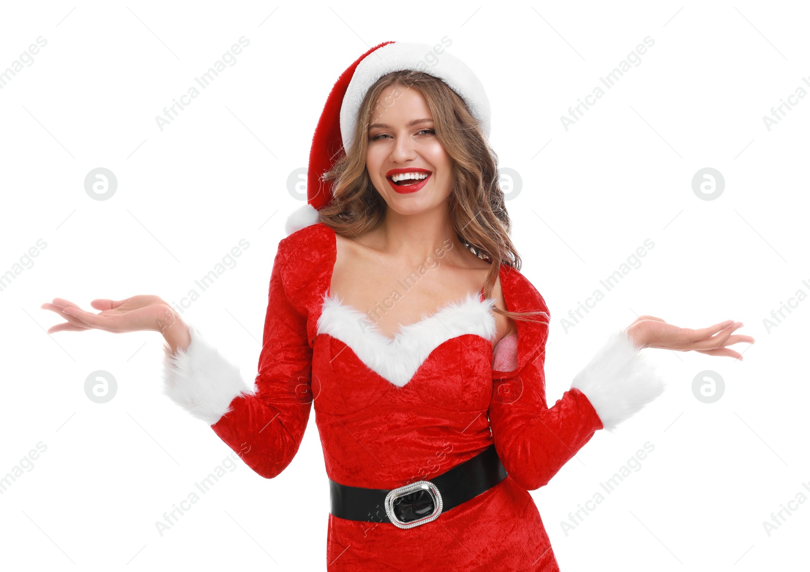 Photo of Beautiful Santa girl on white background. Christmas celebration