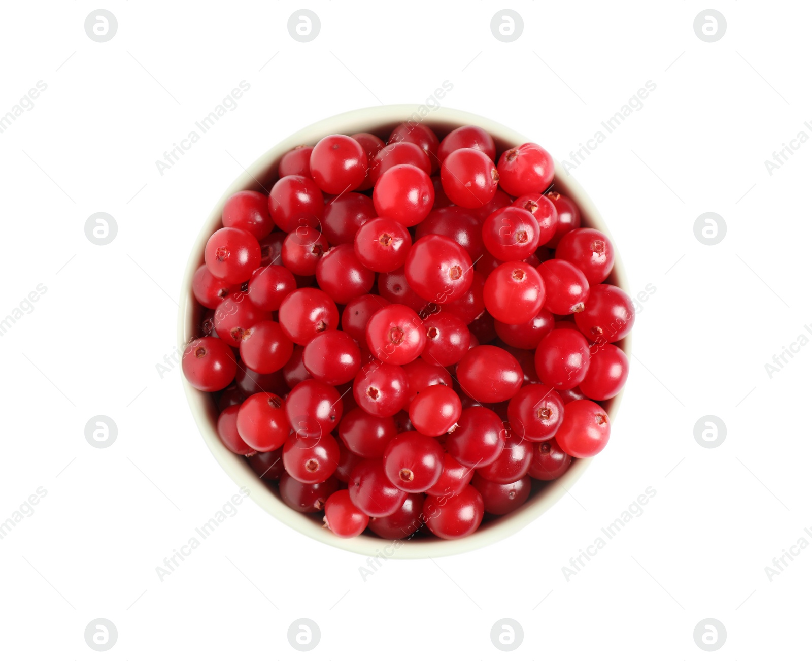 Photo of Fresh ripe cranberries in bowl isolated on white, top view