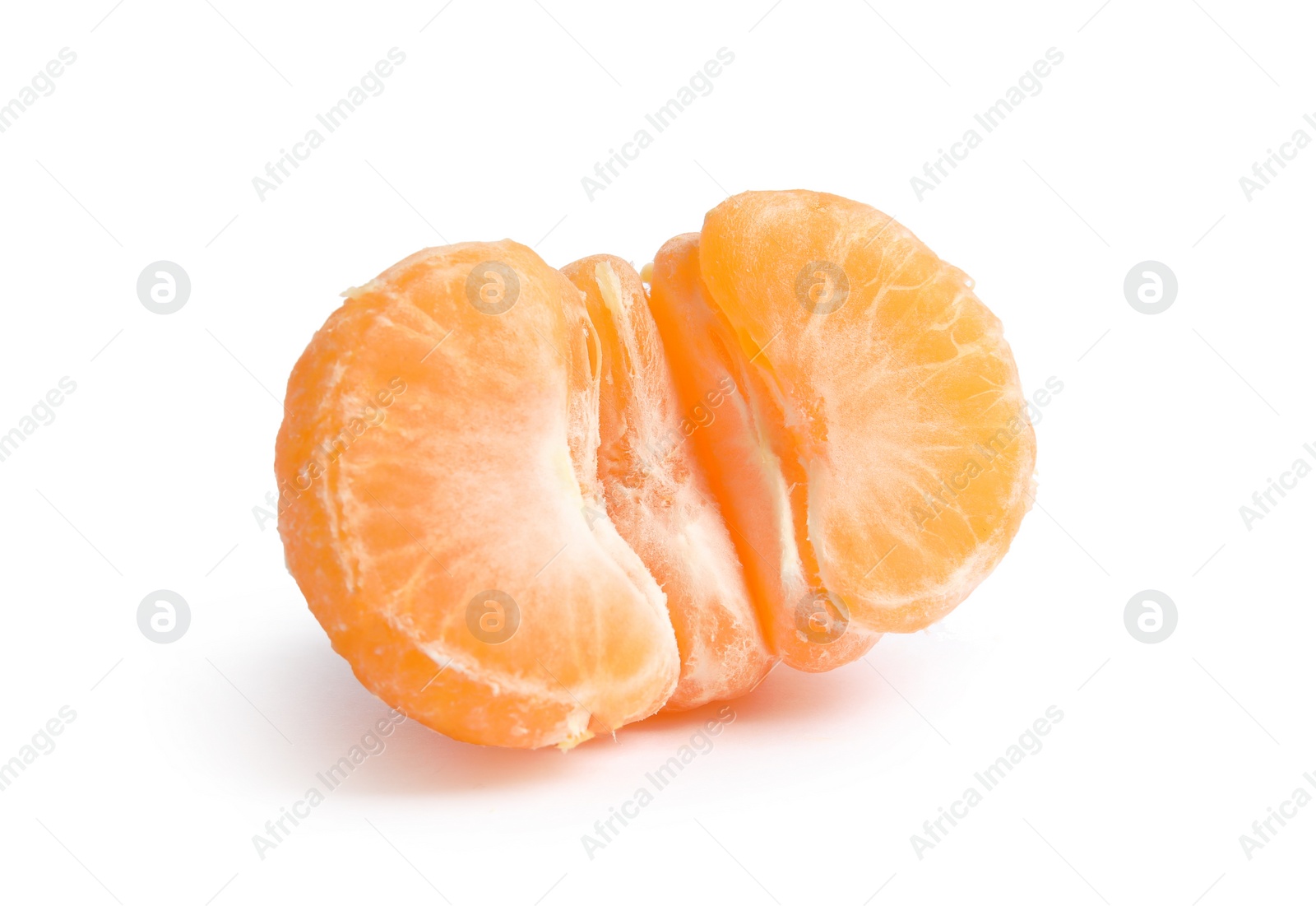 Photo of Half of peeled ripe tangerine on white background