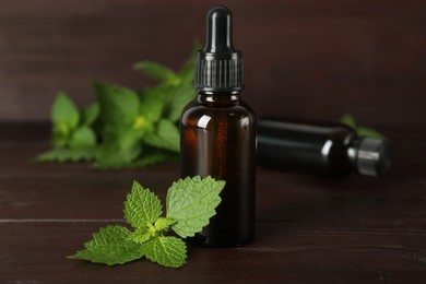 Photo of Glass bottles of nettle oil with leaves on wooden table, closeup