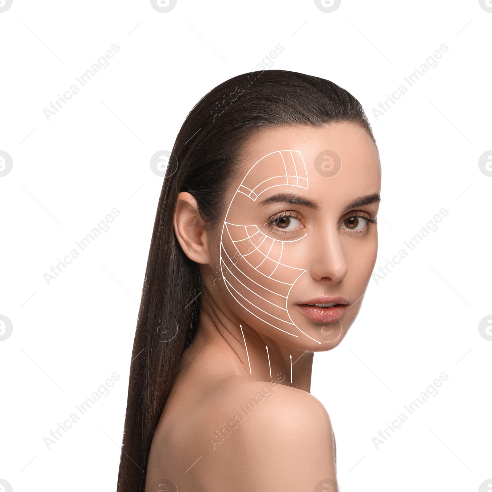 Image of Attractive woman with perfect skin after cosmetic treatment on white background. Lifting arrows on her face