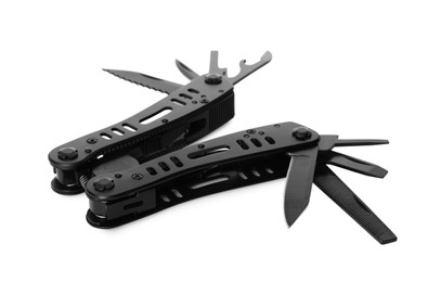 Photo of Compact portable black multitool isolated on white