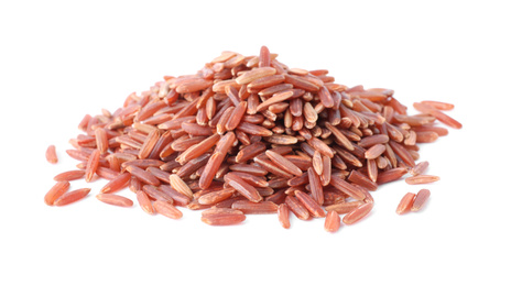 Photo of Uncooked organic brown rice isolated on white