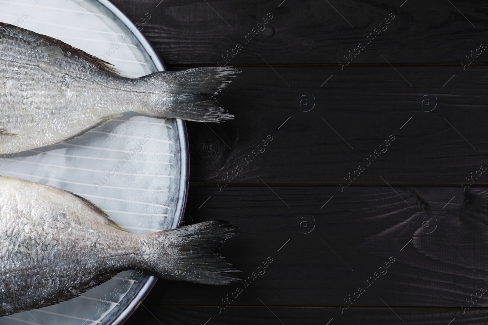 Photo of Fresh raw dorado fish on black wooden table, top view. Space for text