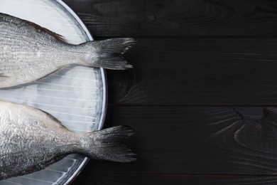 Fresh raw dorado fish on black wooden table, top view. Space for text