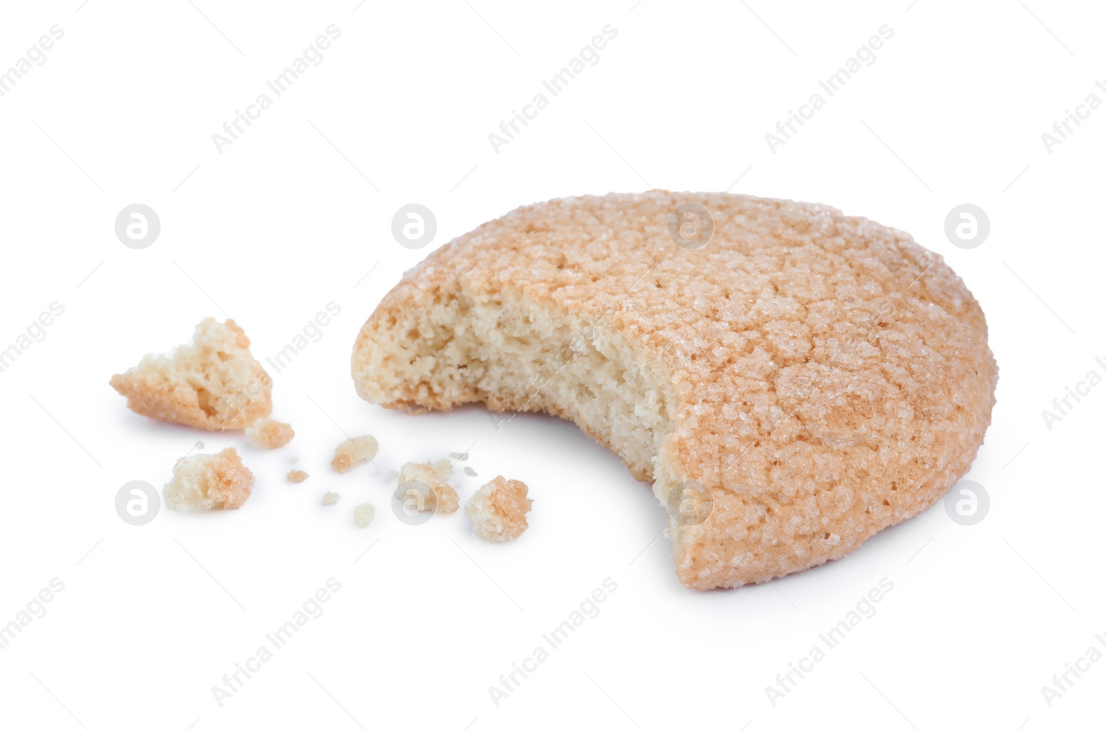 Photo of BItten tasty sugar cookie isolated on white