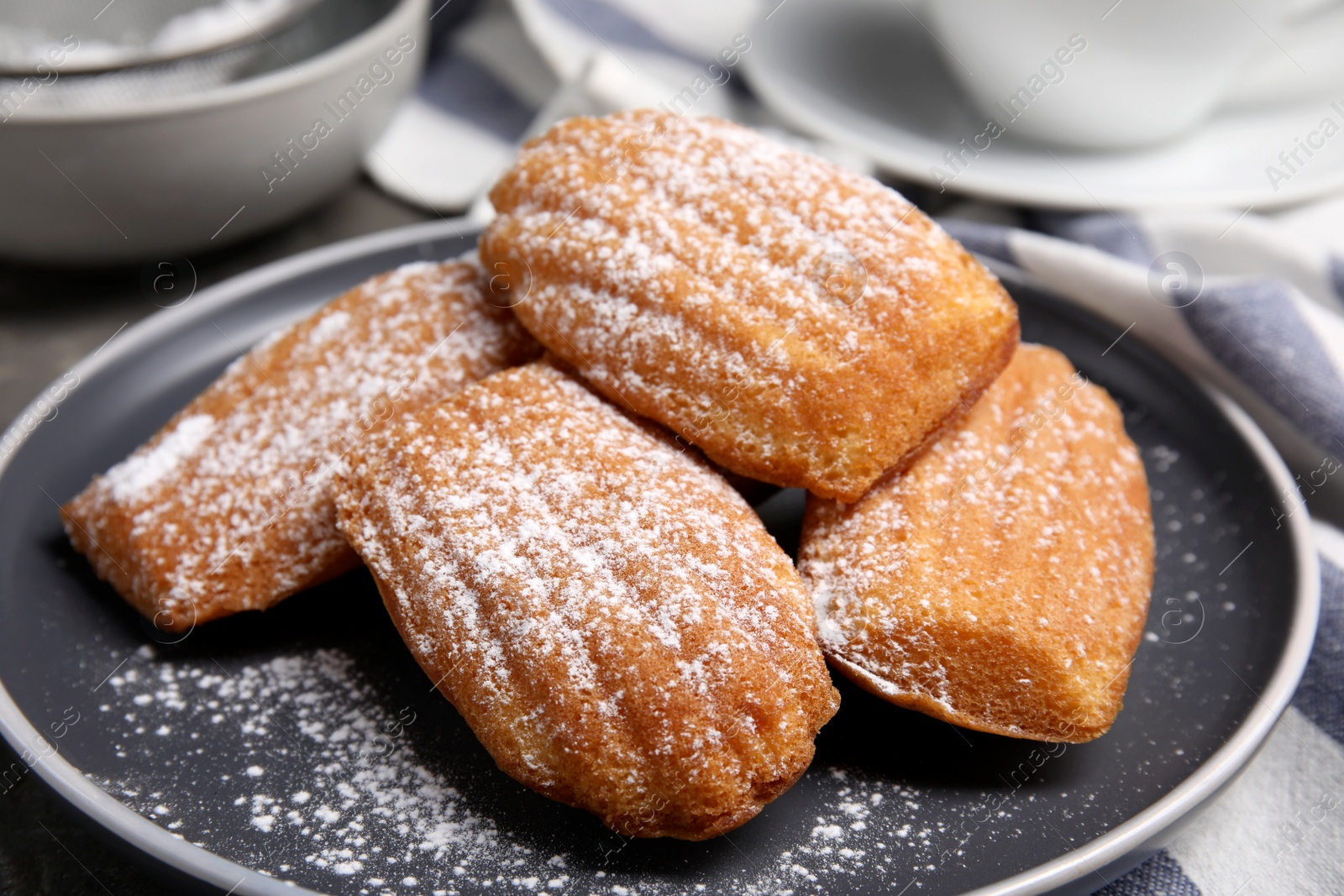 Photo of Delicious madeleine cakes with powdered sugar on table, closeup