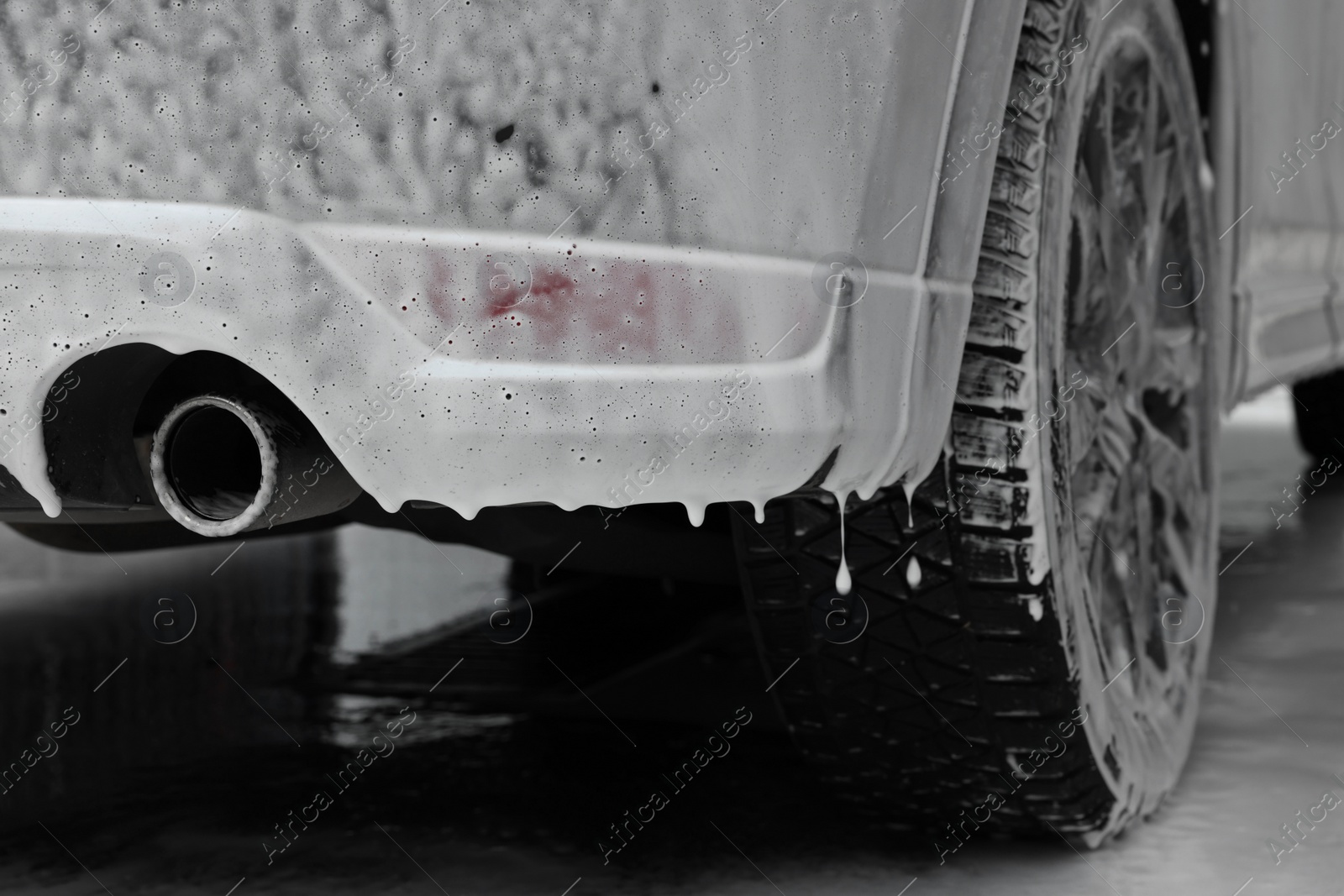 Photo of Auto with cleaning foam at car wash, closeup