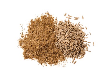 Photo of Heaps of aromatic caraway (Persian cumin) powder and seeds isolated on white, top view