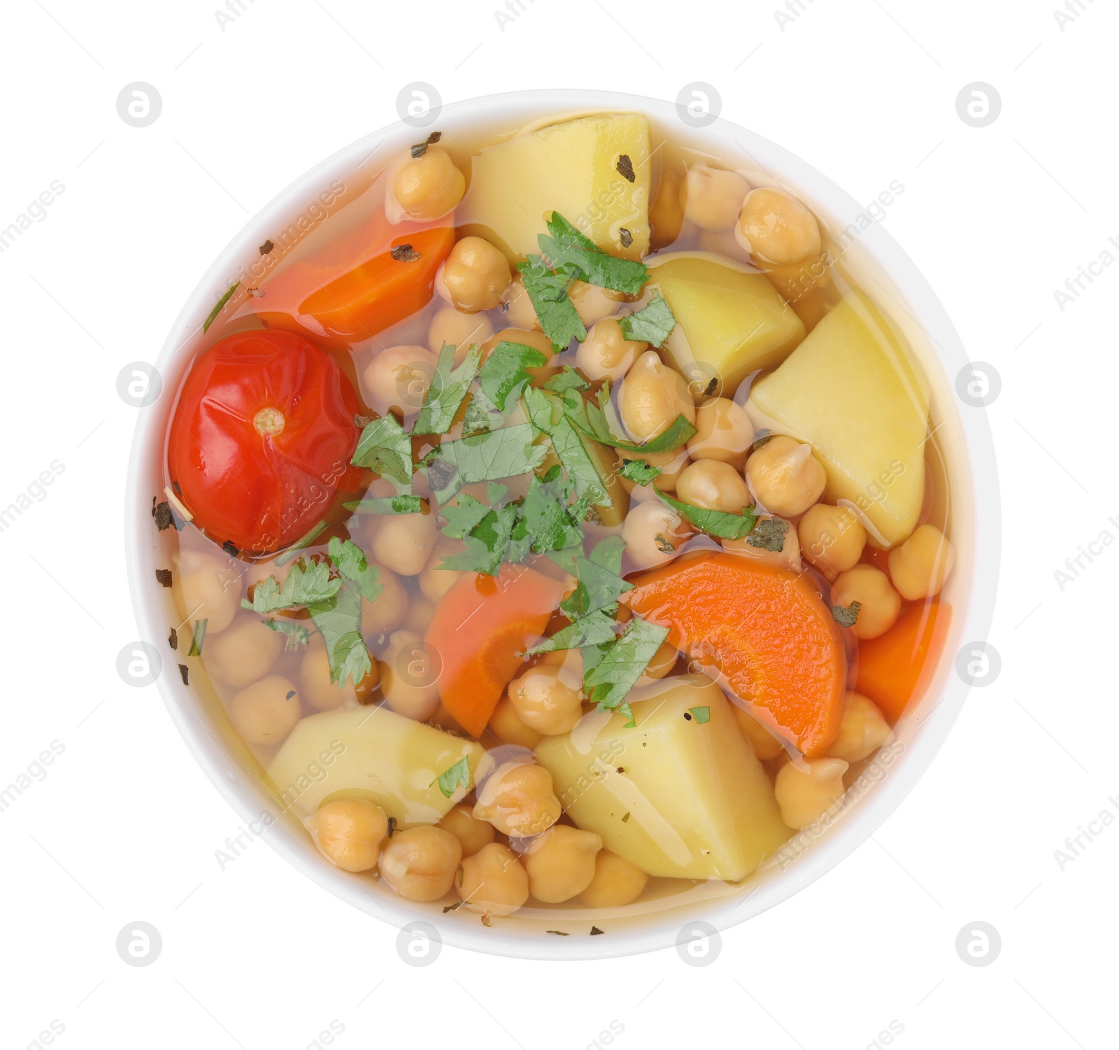 Photo of Tasty chickpea soup in bowl on white background, top view