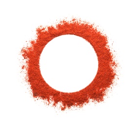 Photo of Frame made of chili pepper powder on white background