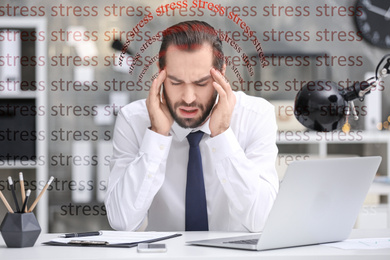 Image of Young man suffering from depression and words STRESS in office