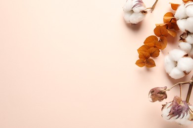 Photo of Fluffy cotton flowers and leaves on beige background, flat lay. Space for text