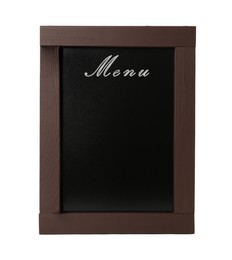 Black chalkboard with word Menu on white background. Mockup for design