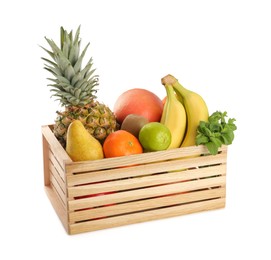 Wooden crate with different ripe fruits on white background