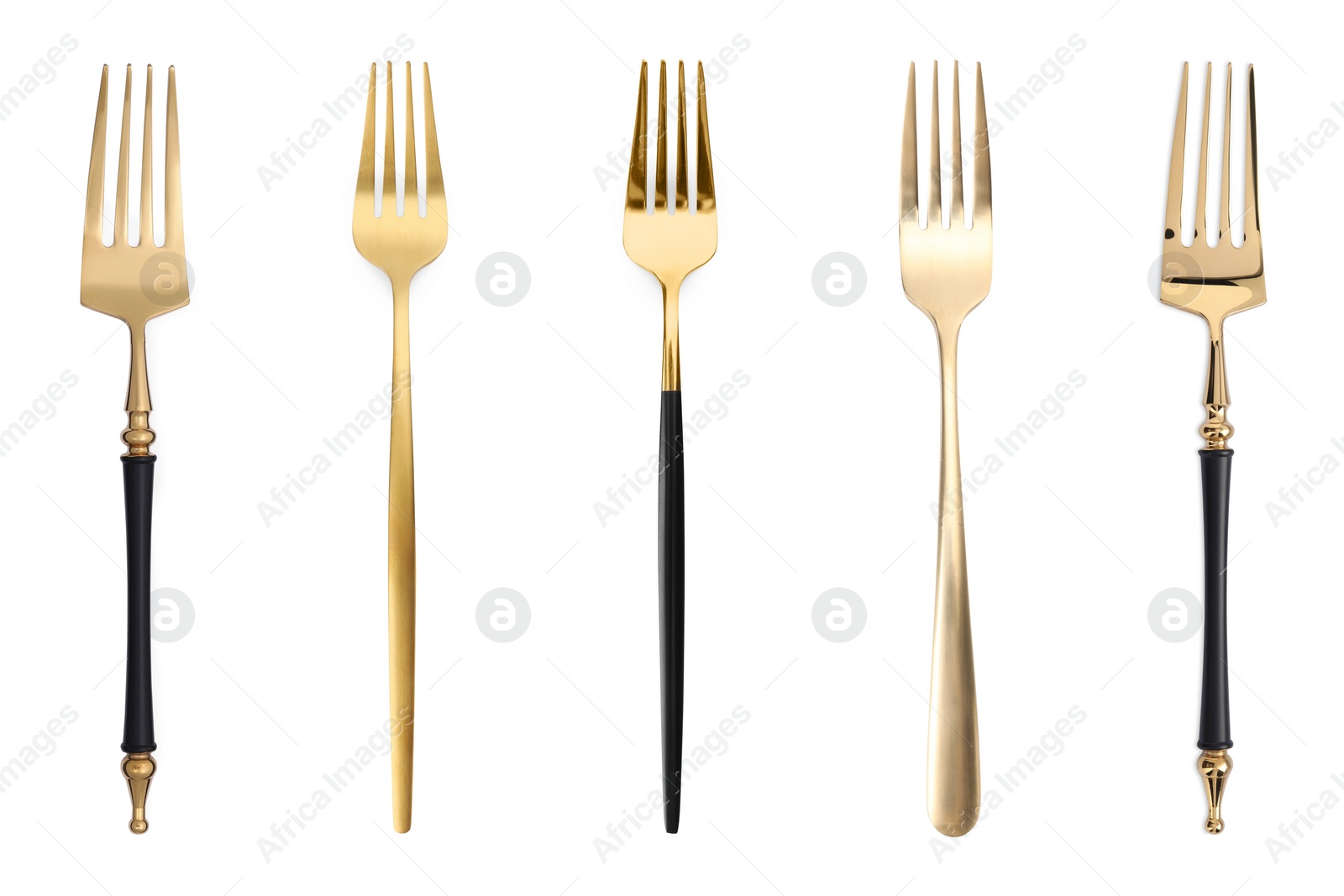 Image of Shiny golden forks isolated on white, set