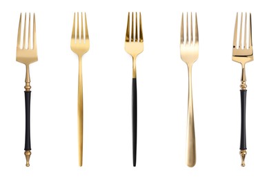 Shiny golden forks isolated on white, set