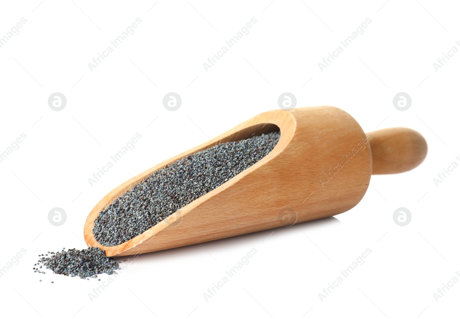 Photo of Poppy seeds and wooden scoop on white background