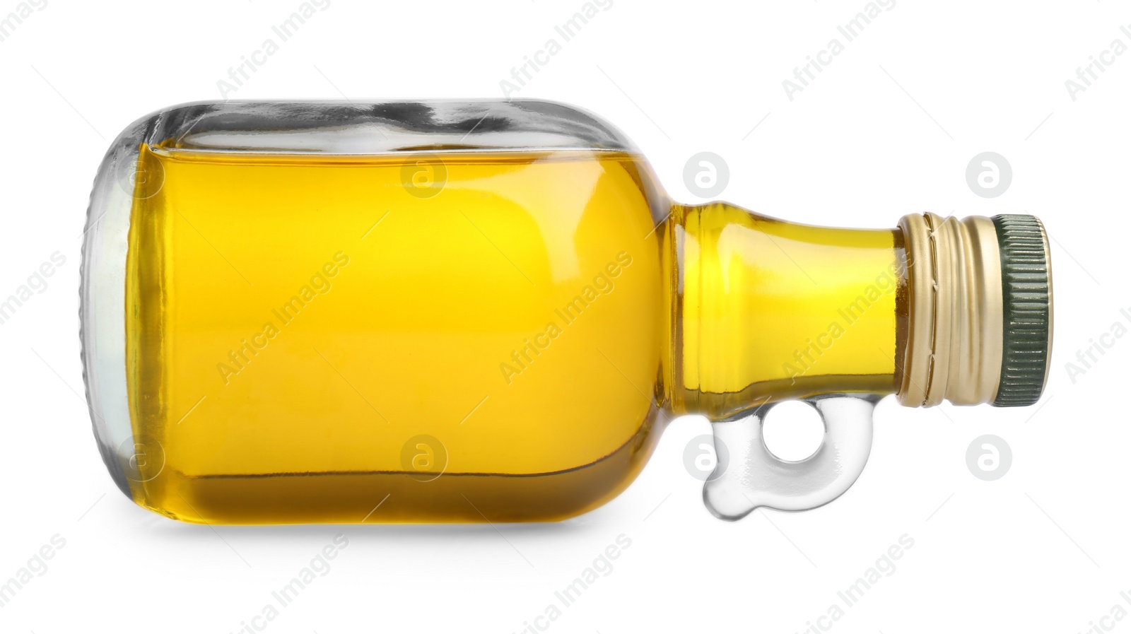 Photo of Glass bottle of cooking oil isolated on white